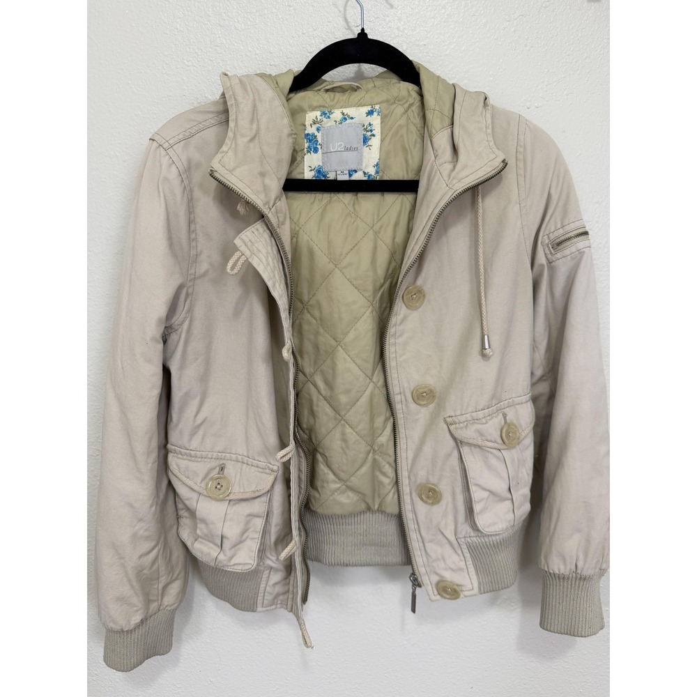 U2 Ladies Twill Quilted Thermolite Hooded Bomber Jacket Women M Beige Streetwear